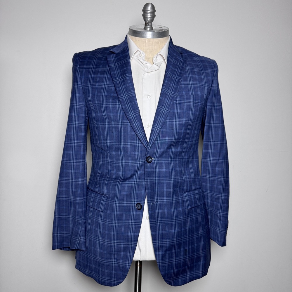 Pronto Uomo Platinum Blazer Mens 42L Blue Plaid 100% Wool Two-Button Sport Coat